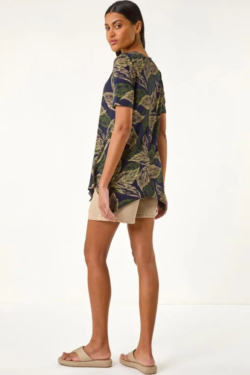 Roman Navy Leaf Print Hanky Hem Tunic Top