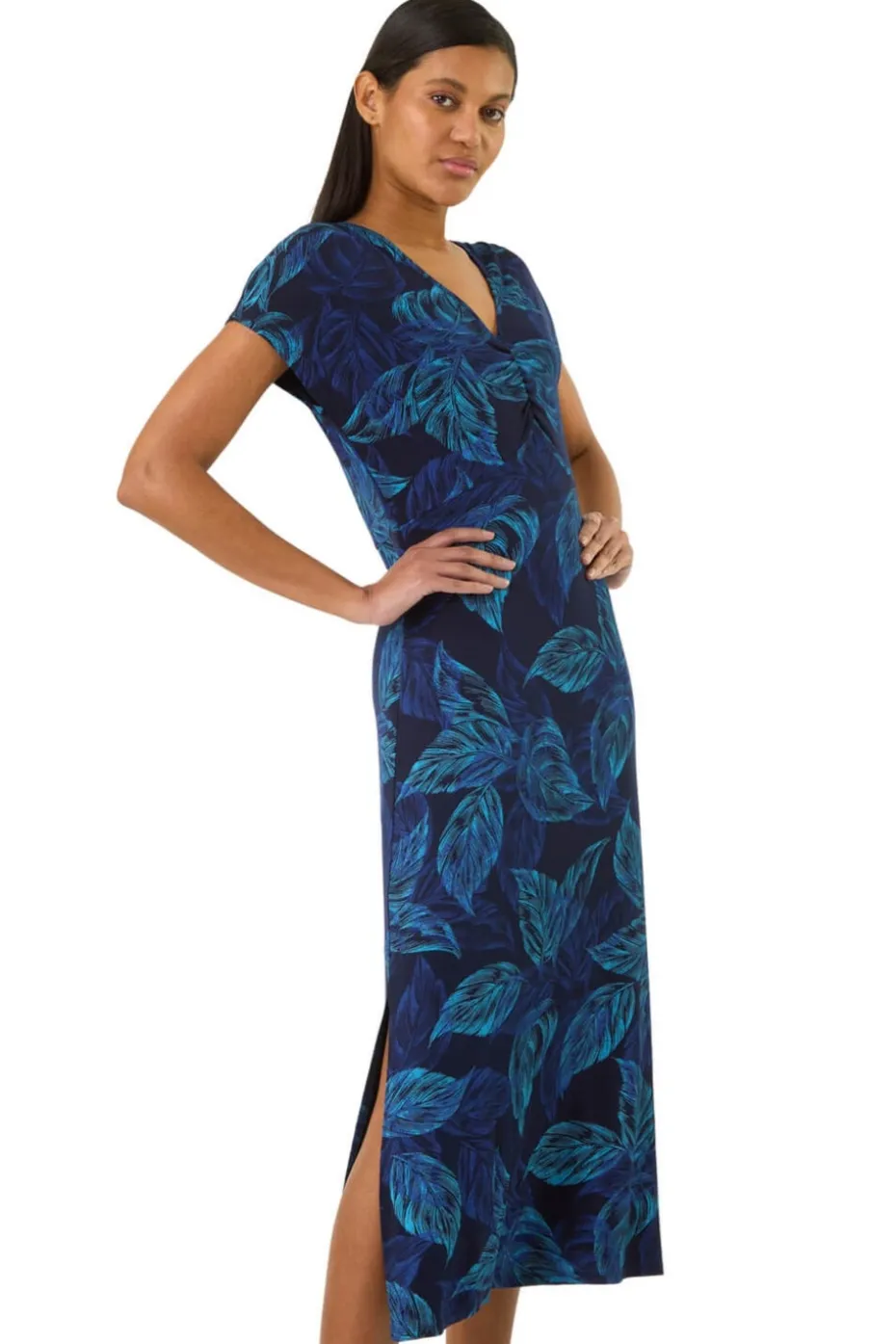Roman Navy Leaf Print Ruched Midi Dress