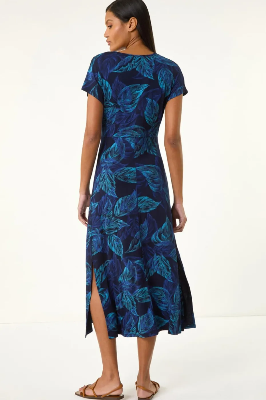 Roman Navy Leaf Print Ruched Midi Dress