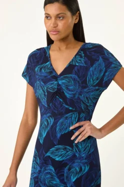 Roman Navy Leaf Print Ruched Midi Dress