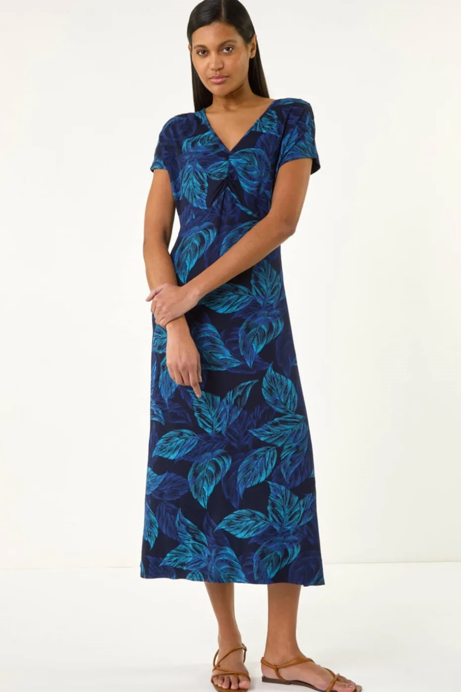 Roman Navy Leaf Print Ruched Midi Dress