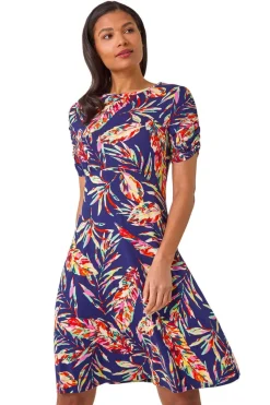 Roman Navy Leaf Print Short Dress