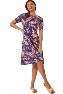 Roman Navy Leaf Print Short Dress