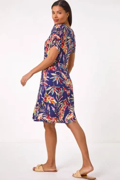 Roman Navy Leaf Print Short Dress