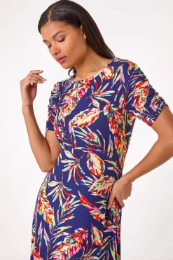 Roman Navy Leaf Print Short Dress