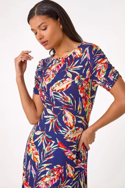 Roman Navy Leaf Print Short Dress