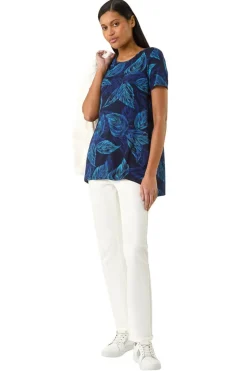 Roman Navy Leaf Print Stretch Tunic Top