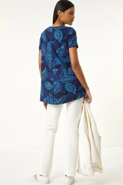 Roman Navy Leaf Print Stretch Tunic Top