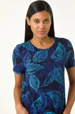 Roman Navy Leaf Print Stretch Tunic Top