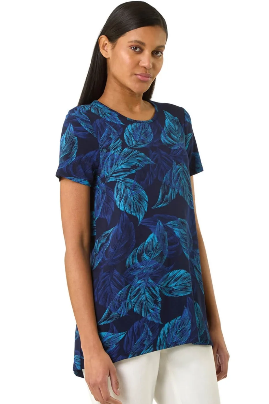Roman Navy Leaf Print Stretch Tunic Top
