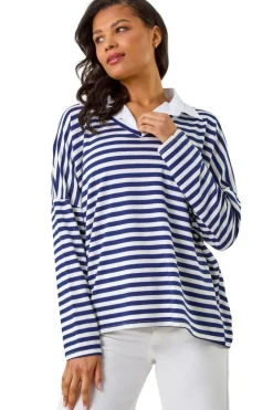 Roman Navy Mock Shirt Stripe Top