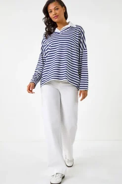 Roman Navy Mock Shirt Stripe Top
