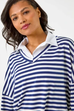 Roman Navy Mock Shirt Stripe Top