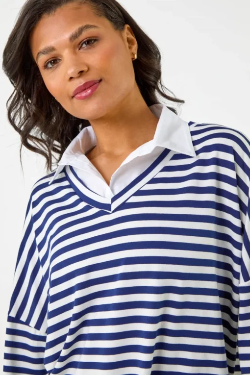 Roman Navy Mock Shirt Stripe Top