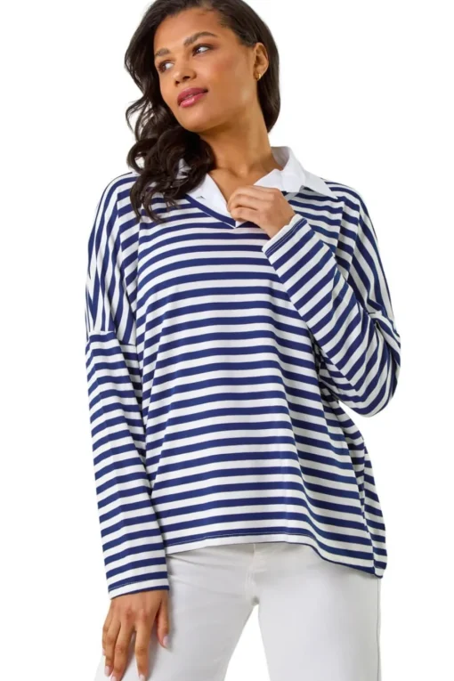 Roman Navy Mock Shirt Stripe Top
