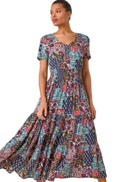 Roman Navy Multi Print Maxi Dress