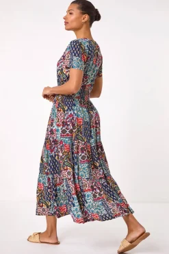 Roman Navy Multi Print Maxi Dress