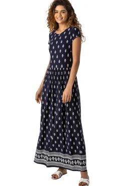 Roman Navy Paisley Border Print Stretch Maxi Dress