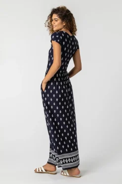 Roman Navy Paisley Border Print Stretch Maxi Dress