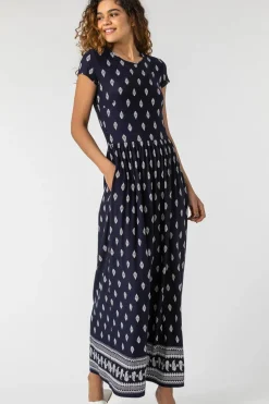 Roman Navy Paisley Border Print Stretch Maxi Dress
