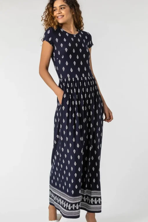 Roman Navy Paisley Border Print Stretch Maxi Dress