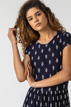 Roman Navy Paisley Border Print Stretch Maxi Dress