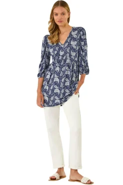 Roman Navy Paisley Print V Neck Stretch Top