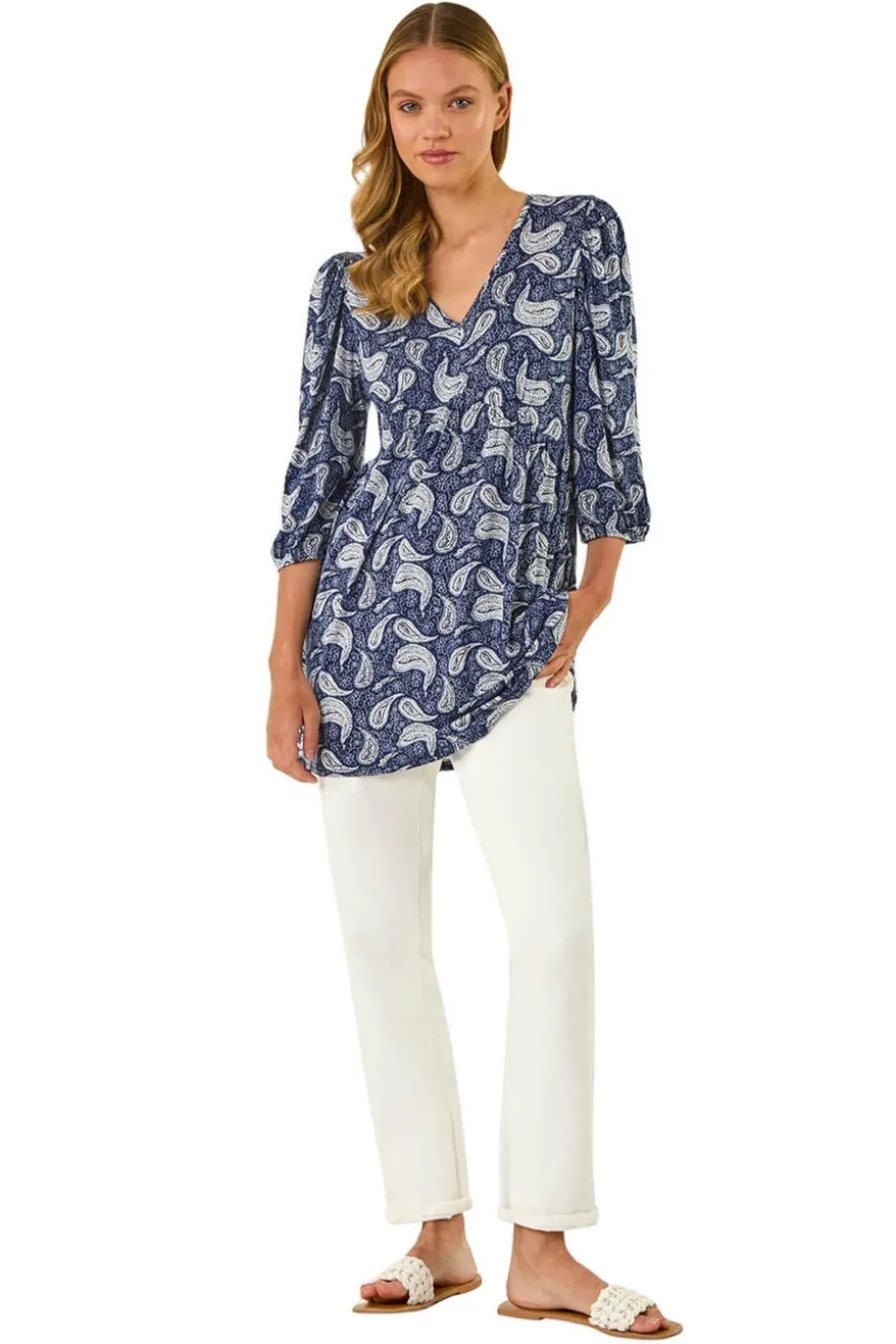 Roman Navy Paisley Print V Neck Stretch Top