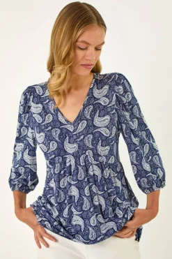 Roman Navy Paisley Print V Neck Stretch Top