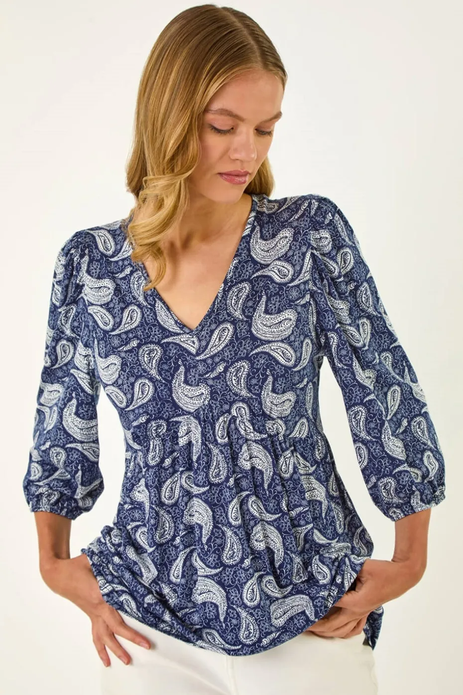 Roman Navy Paisley Print V Neck Stretch Top