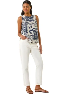 Roman Navy Paisley Print Shell Top