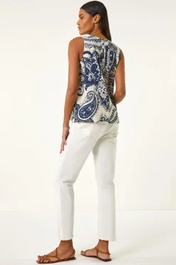 Roman Navy Paisley Print Shell Top