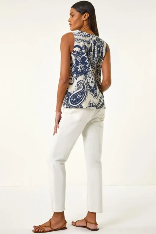 Roman Navy Paisley Print Shell Top