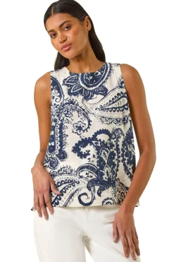 Roman Navy Paisley Print Shell Top