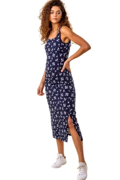 Roman Navy Palm Print Jersey Midi Dress