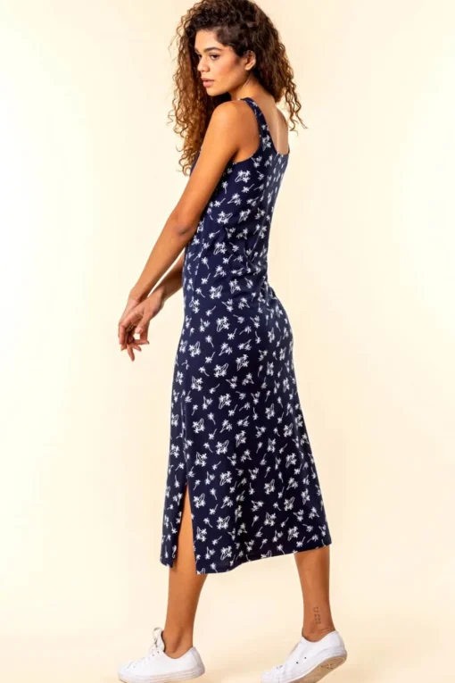Roman Navy Palm Print Jersey Midi Dress