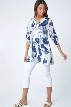 Roman Navy Palm Print V-Neck Wrap Hem Tunic Top