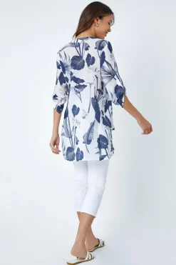Roman Navy Palm Print V-Neck Wrap Hem Tunic Top