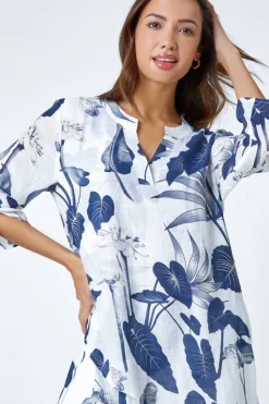 Roman Navy Palm Print V-Neck Wrap Hem Tunic Top