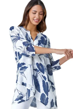 Roman Navy Palm Print V-Neck Wrap Hem Tunic Top
