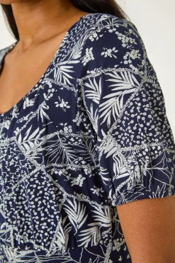 Roman Navy Patch Print Gathered Dress