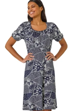 Roman Navy Patch Print Gathered Dress
