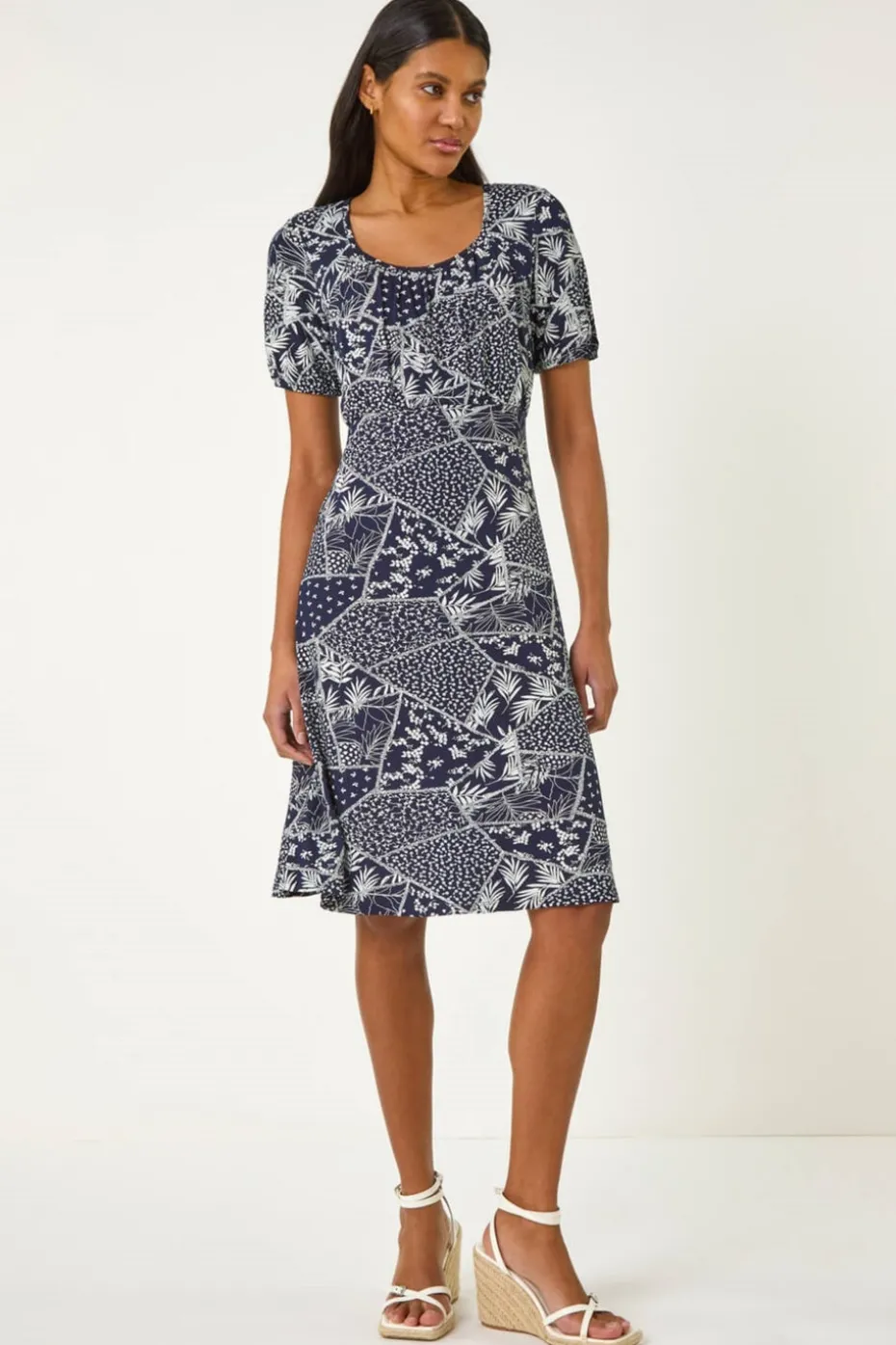 Roman Navy Patch Print Gathered Dress