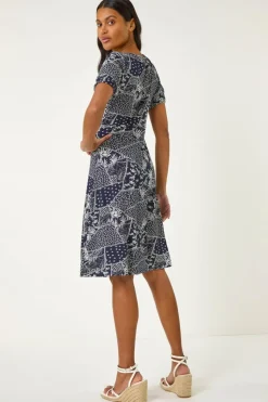 Roman Navy Patch Print Gathered Dress