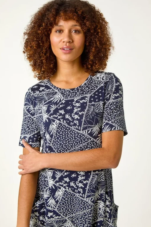 Roman Navy Patchwork Mono Print Tunic Top