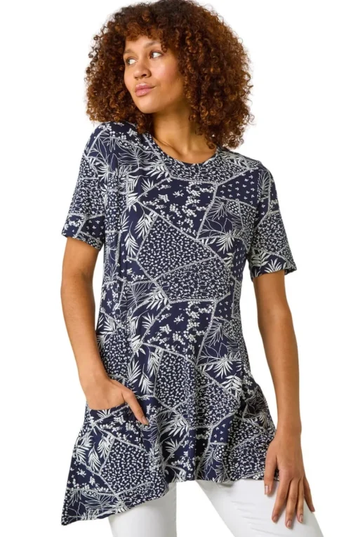 Roman Navy Patchwork Mono Print Tunic Top