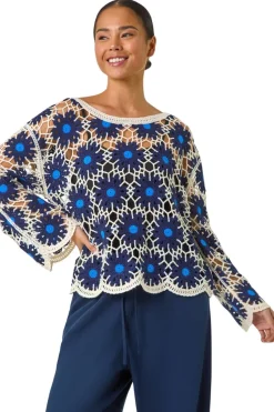 Roman Navy Petite Crochet Floral Knit Top