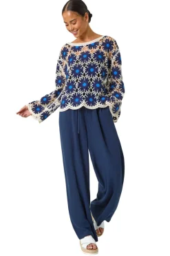 Roman Navy Petite Crochet Floral Knit Top