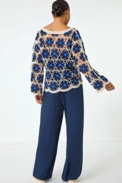 Roman Navy Petite Crochet Floral Knit Top