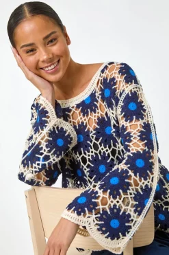 Roman Navy Petite Crochet Floral Knit Top
